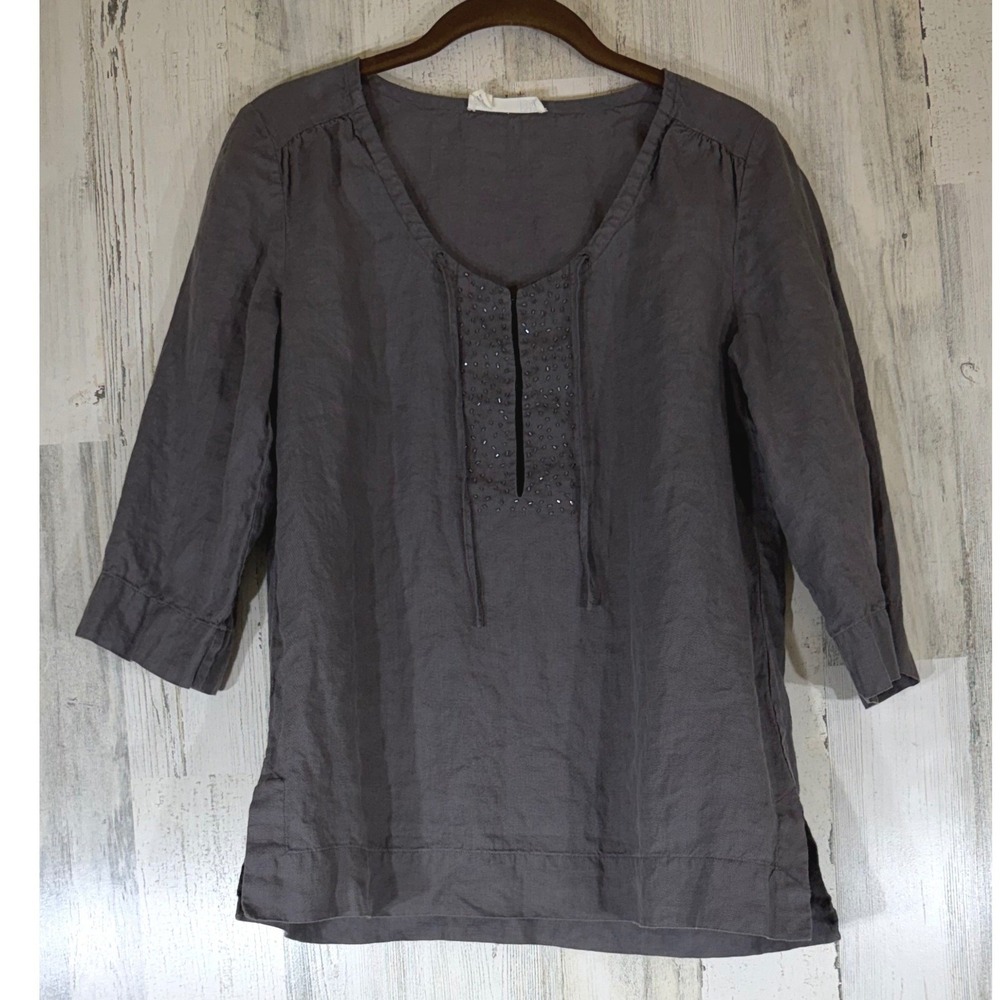 Eileen Fisher Irish Linen Top XS Gray Beaded Split Neck 3/4 Sleeve Beach Coastal
